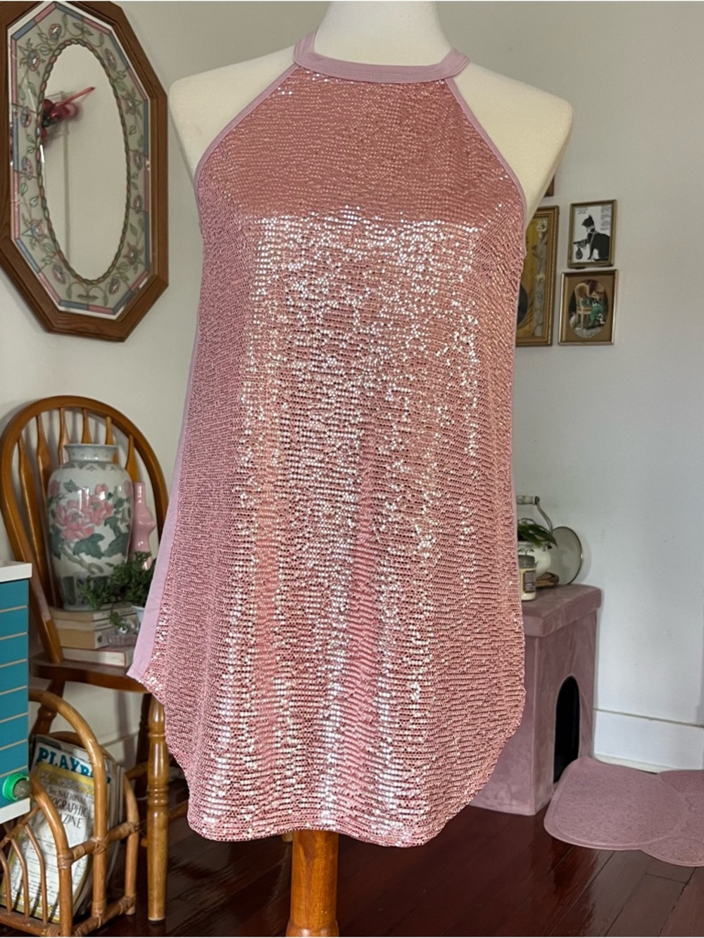 vintage pink sparkly apron neck mini clubbing dress